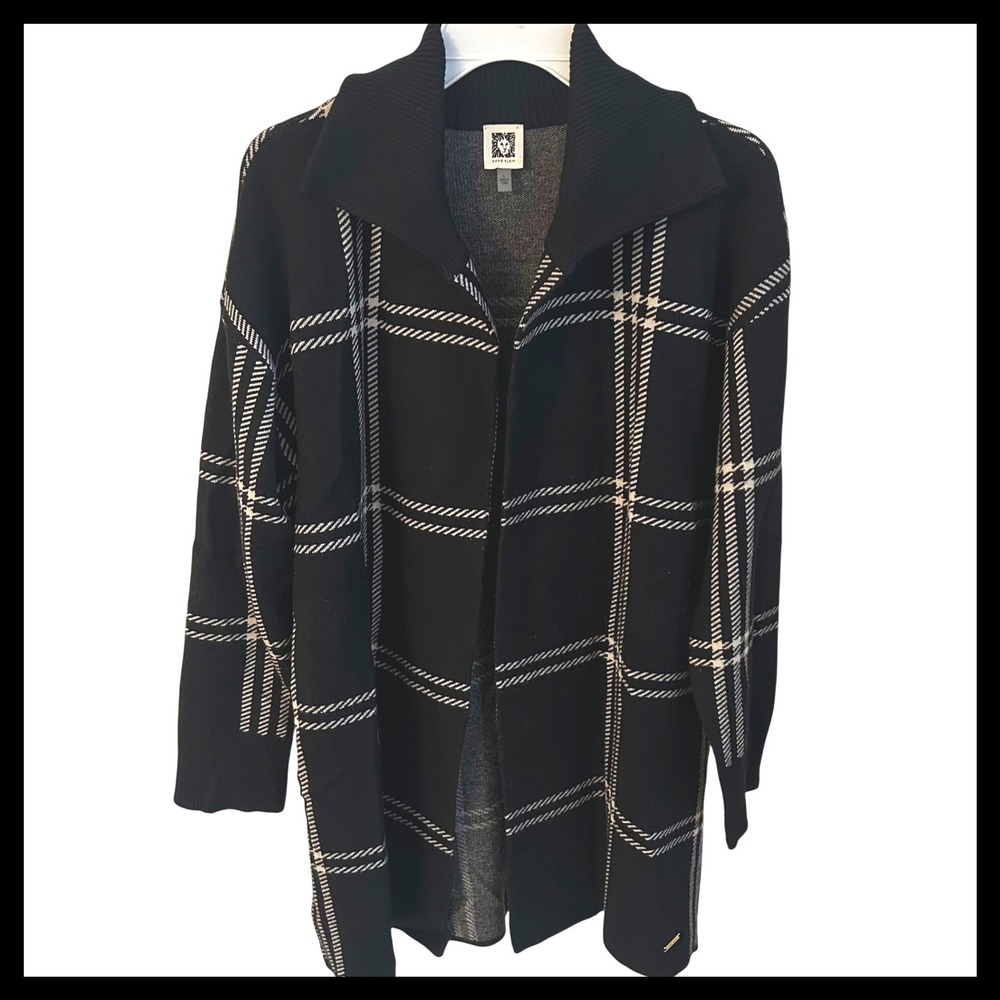 Anne Klein Plaid Knit Open Front Cardigan Sweater Long Sleeve Women's Size L